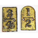 Two 1920's/1930's painted iron railway mile markers, including a rectangular example '3/4',