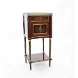 A late 19th century French marble top mahogany bedside cupboard, the rouge marble (at fault)