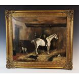 English School (19th century), Oil on canvas, Horse and dogs in a stable, Unsigned, 50cm x 60cm,