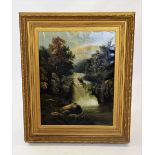P. Newman (English school), Oil on canvas, Waterfall scene, Signed lower right, 90cm x 70cm, Gilt