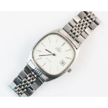 An Omega De Ville stainless steel quartz wristwatch, the white dial with baton markers and date