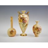 A Royal Worcester blush ivory twin handled stem vase, the vase of inverted baluster form with gilt