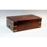 A 19th century mahogany campaign stationery box, applied with brass corner brackets and inset with