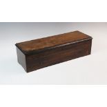 A mid 19th century rosewood music box, the inlaid hinged lid enclosing a 34cm brass cylinder with