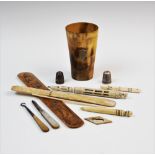 A selection of 19th century and later wares, to include a horn beaker, with applied white metal