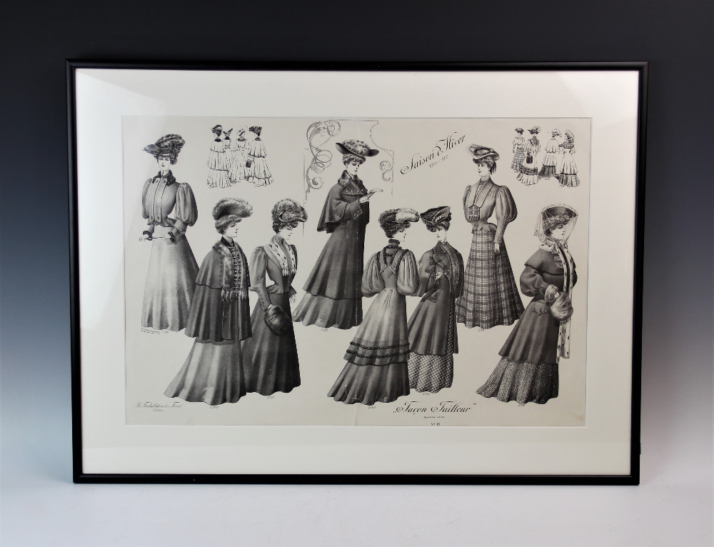 A pair of French black and white fashion prints, depicting ladies in winter fashion 1904-1905,