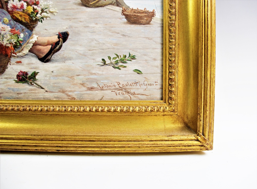 Antonio Ermolao Paoletti (Italian, 1834-1912), Oil on panel, Venetian scene with flower seller and - Bild 3 aus 5