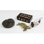 A novelty brass seal box, with hinged cover, 18.5cm long with a porcupine quill box 17cm wide, a