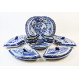 A Staffordshire blue and white transfer printed hors d'oeuvres set, 19th century, the set of ring