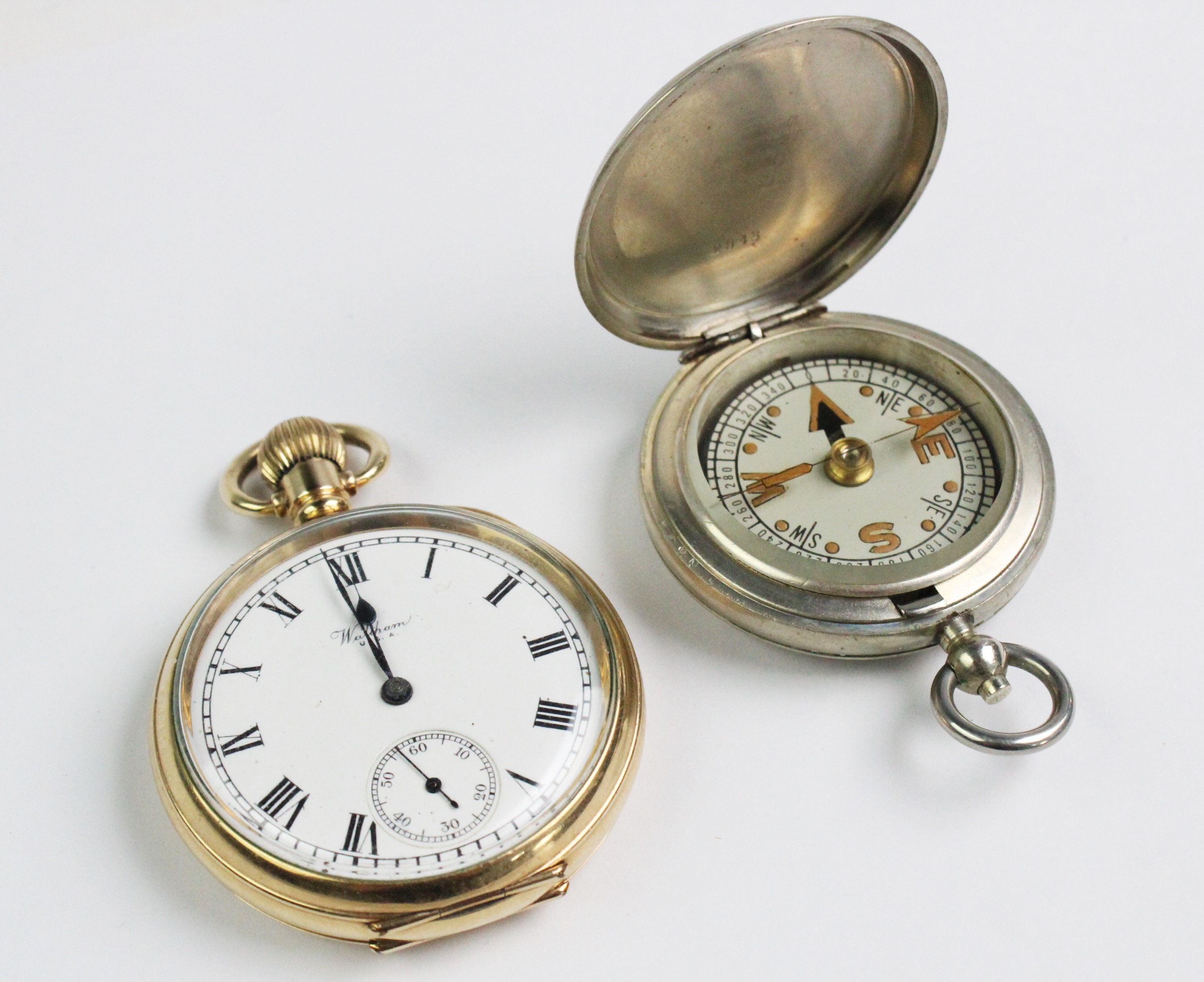 A Waltham gold plated open face pocket watch, the circular face with ...