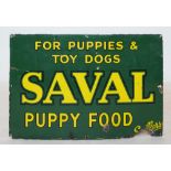 A vintage rectangular advertising enamel sign, 'For puppies and toy dogs Saval puppy food', yellow