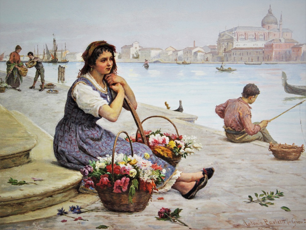 Antonio Ermolao Paoletti (Italian, 1834-1912), Oil on panel, Venetian scene with flower seller and - Bild 2 aus 5