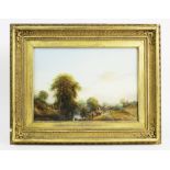 English school, Oil on board, A rural landscape with family crossing stepping stones, Unsigned, 24cm