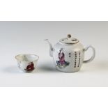 A Chinese porcelain Wu Shuang Pu teapot and tea bowl, each decorated in the famille rose palette,