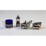 A three piece silver condiment set, Adie Brothers, Birmingham 1929 and 1931, each of quatrelobe form