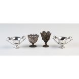 Two filligree zarf type cups, 4.5cm and 6cm high, and two Italian silver two handled miniature