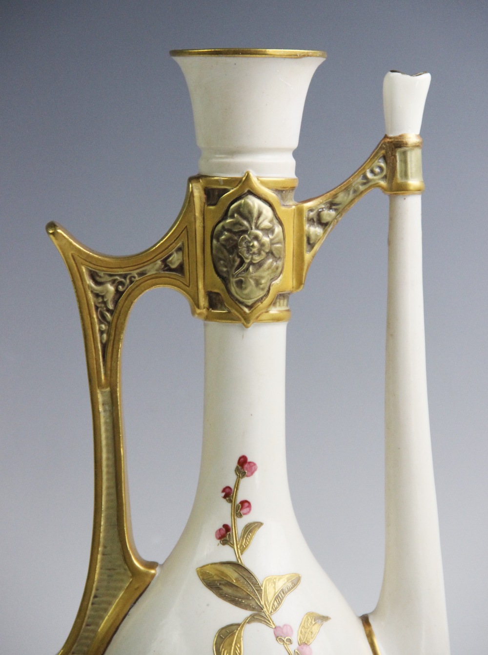 A Royal Worcester blush ivory tall ewer, late 19th century, the ewer decorated in a blossom - Image 2 of 5