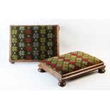 A pair of walnut footstools, 19th century, of rectangular cushion form with upholstered tops, raised