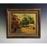 Oliver C Beadle (1907-1971), Double sided oil on board, A street scene, with a market scene verso,