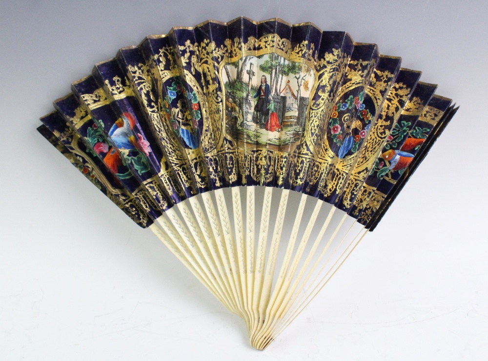 A hand painted fan, 19th century , the leaf with central panel depicting a mourning scene, with - Image 3 of 7