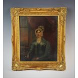English school (19th century), Oil on board, Half length portrait of a seated lady in a bonnet,