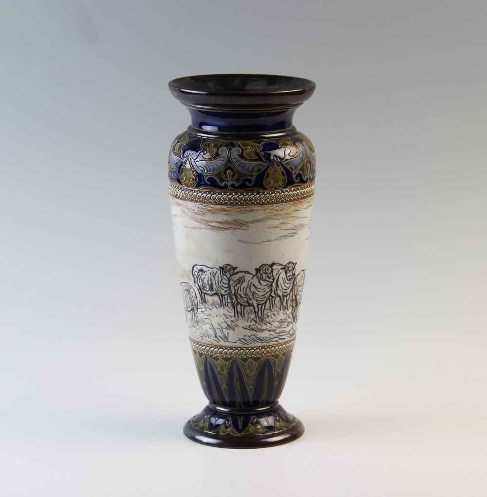 A Doulton Lambeth vase designed by Hannah Barlow, of baluster form and externally sgraffito