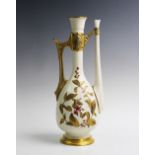 A Royal Worcester blush ivory tall ewer, late 19th century, the ewer decorated in a blossom