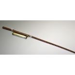 A vintage driving crop, of naturalistic texture, 177cm long, along with a brass cylindrical whip