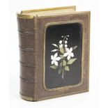 A Victorian pietra dura photograph album, late 19th century, the leather bound album mounted with