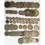 An assortment of silver and copper coins, 19th century and later, including half pennies, farthings,