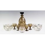 A pair of Italian glass bowls, each rounded, square form bowl with delicate floral enamelling and