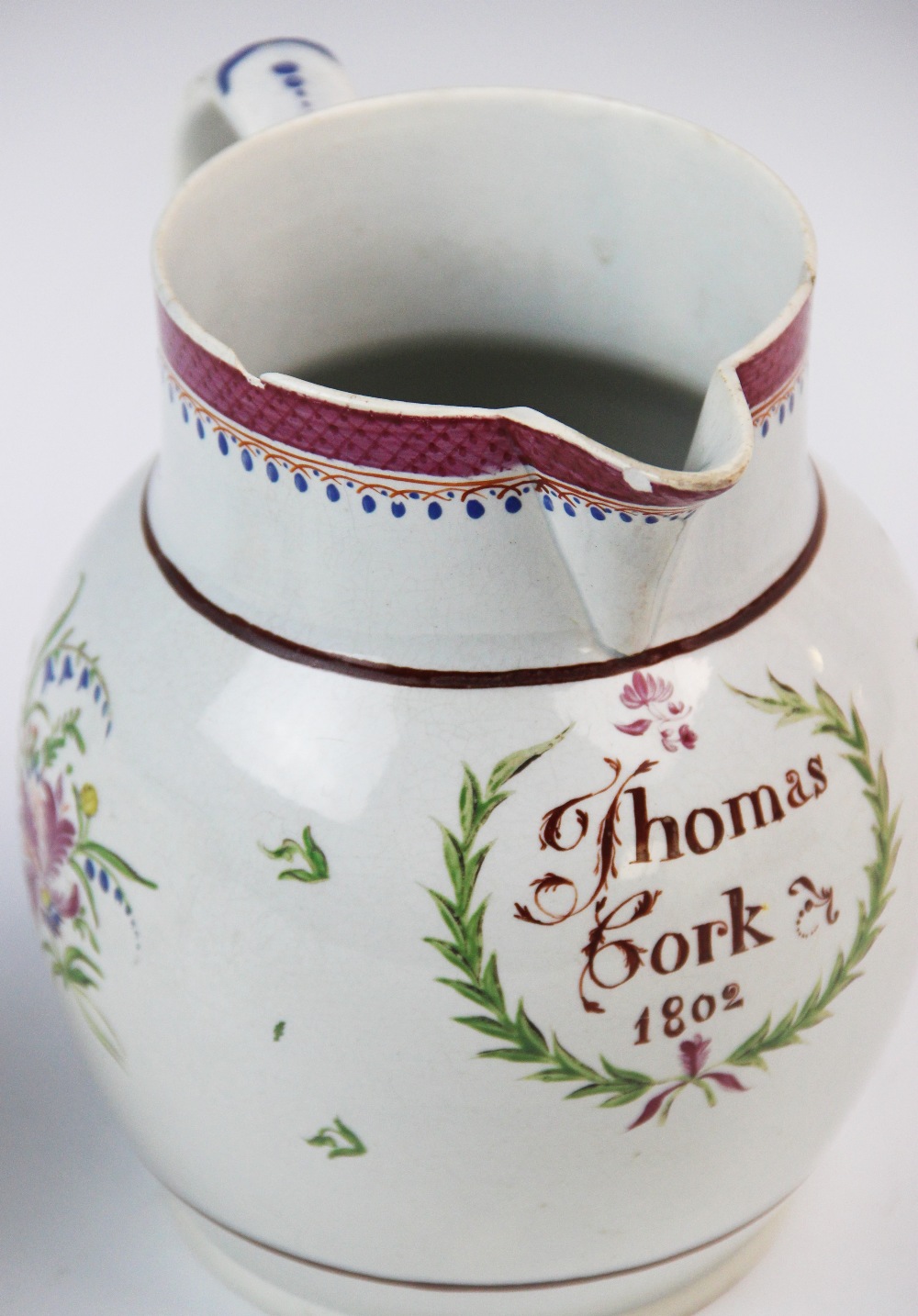 A pearlware documentary jug dated 1802, of baluster form and applied C scroll handle, titled 'Thomas - Image 2 of 2