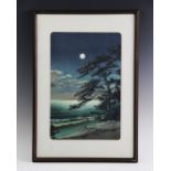 Kawase Hasui (1883-1957), Japanese wood block print depicting spring moon at Ninomiya Beach, 36cm