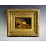 Joseph Van Diegham (Belgian, 1843-1885), Oil on panel, Sheep and a cockerel, Signed lower right