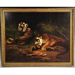 W. Whittaker (English school, 19th century), Oil on canvas, Two tigers resting after eating,