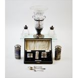 A cased silver condiment set, William Suckling Ltd, Birmingham 1935, comprising: a wet mustard, a