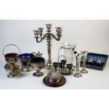 A collection of silver plated wares, to include a silver plate mounted glass vase, posy vases, a