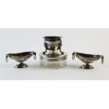 A pair of Victorian silver navette shaped salts, Birmingham 1894, each with laurel wreath detail and