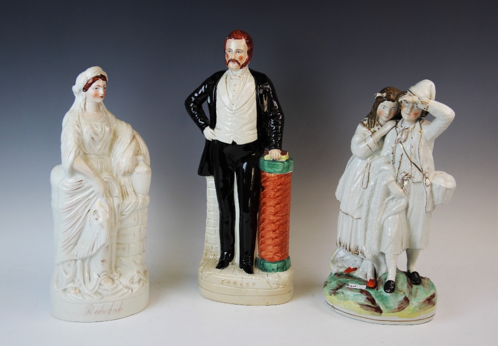 A group of three Staffordshire flatback figures, 19th century and later, comprising: a portrait