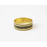 A George III mourning ring, 'WH EH' London 1808, the yellow gold ring with black enamel 'Revd J E