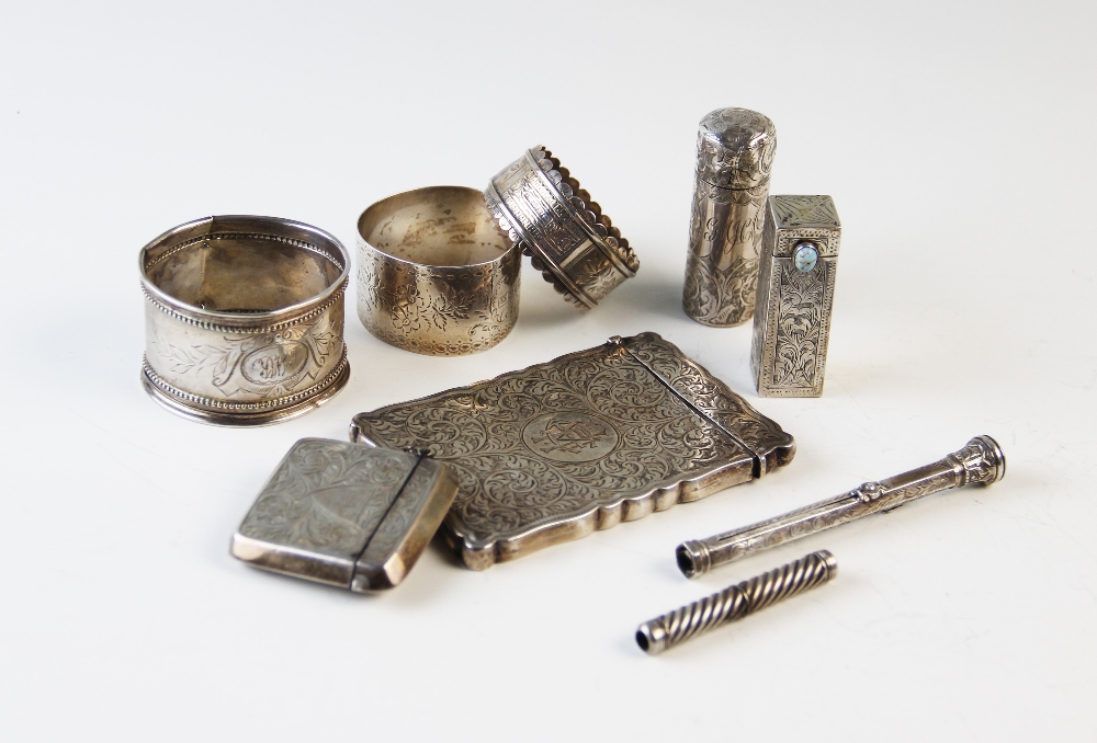 A selection of silver to include an Edwardian calling card case, William Neale, Birmingham 1909, 9.