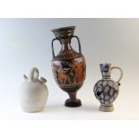 A large Greek Attic ware amphora vase, depicting Grecian figures interspersed with palmette borders,