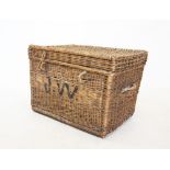 A vintage wicker basket, the hinged cover with wicker loop catches 47cm H x 70cm W x 45cm D