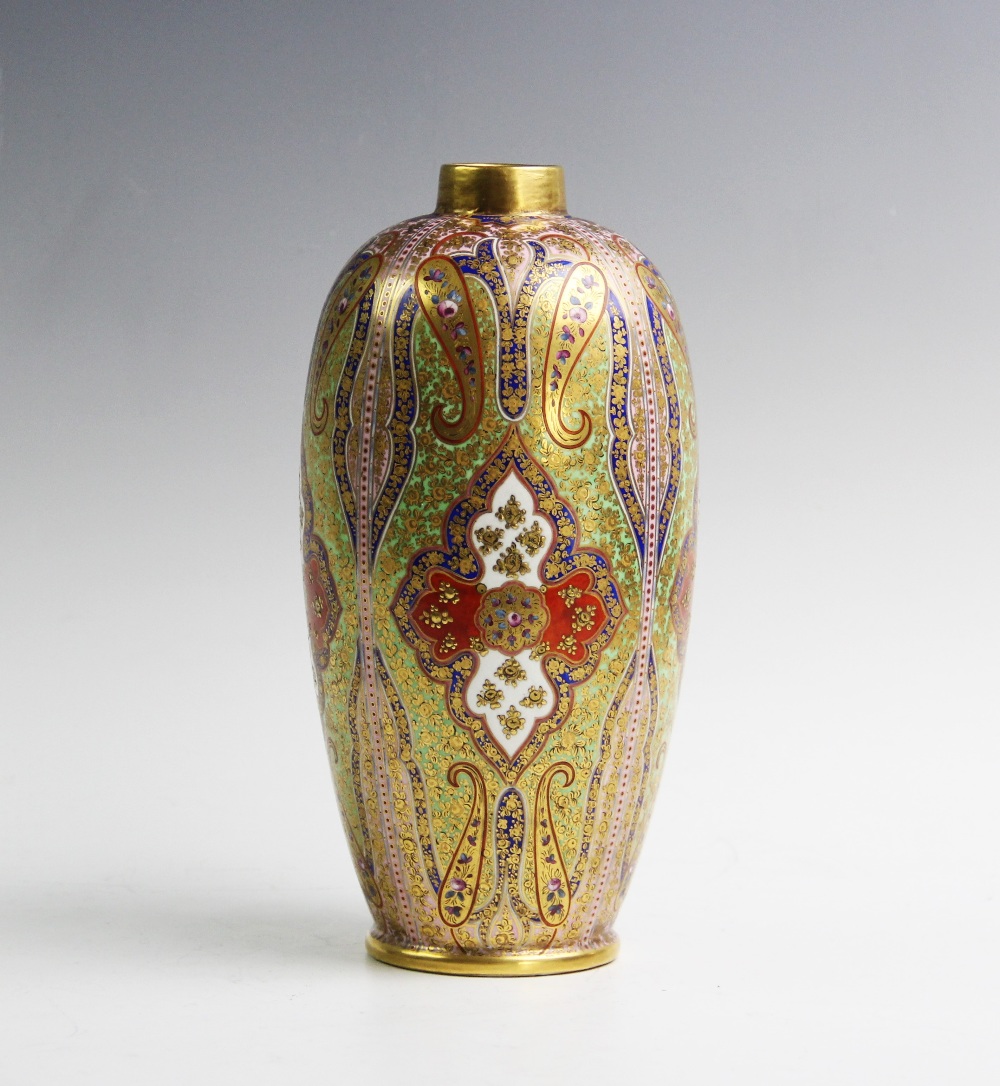 A Coalport 'Cashmere' pattern porcelain vase, late 19th century, the vase of baluster form decorated