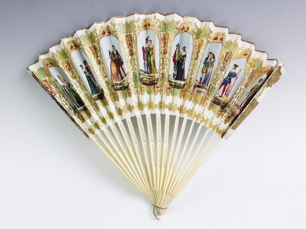 A hand painted fan, 19th century , the leaf with central panel depicting a mourning scene, with