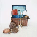 A vintage scumbled metal domed trunk and contents, to include an enamelled jug, fuel can, WWII steel