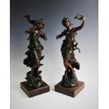 After L & F Moreau a pair of bronze patinated spelter figures, early 20th century,'The familiar