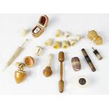 A selection of 19th century and later sewing items, to include, an ivory bobbin holder, with micro-