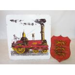 A large Stephenson's Rocket enamel sign, 103cm H x 95cm W, with a painted pine commemorative