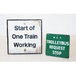 A vintage vitreous enamel sign, Nottingham City Transport 'Trolleybus request stop', 38cm x 40cm,